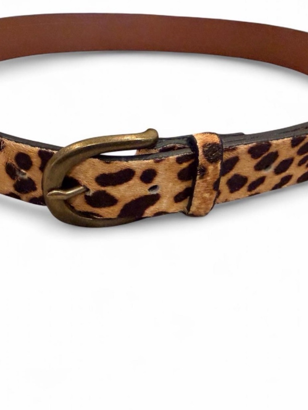 Leopard Print Haircalf Women's Belt with Antique Brass Buckle - Brown
